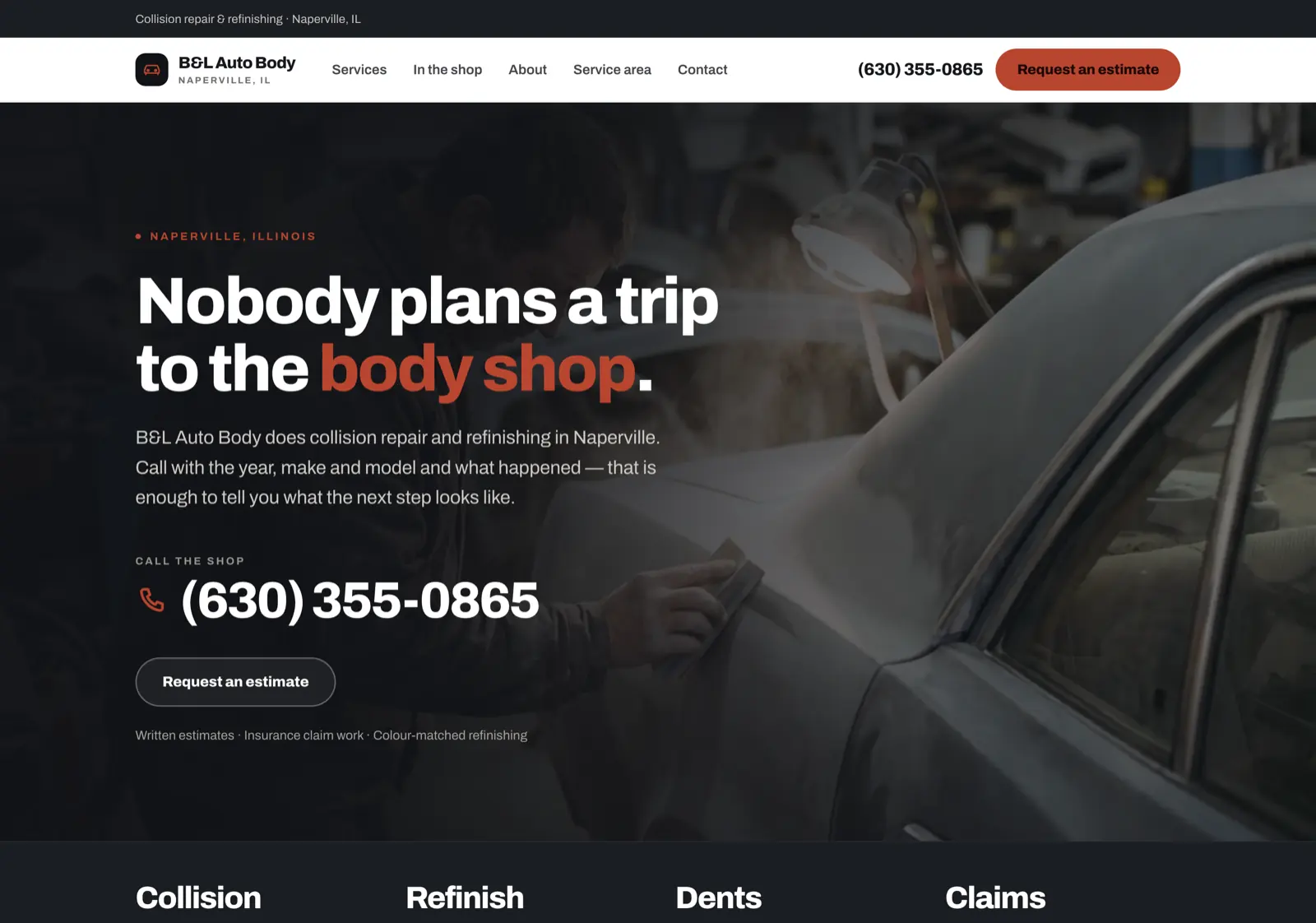 B&L Auto Body sample site homepage