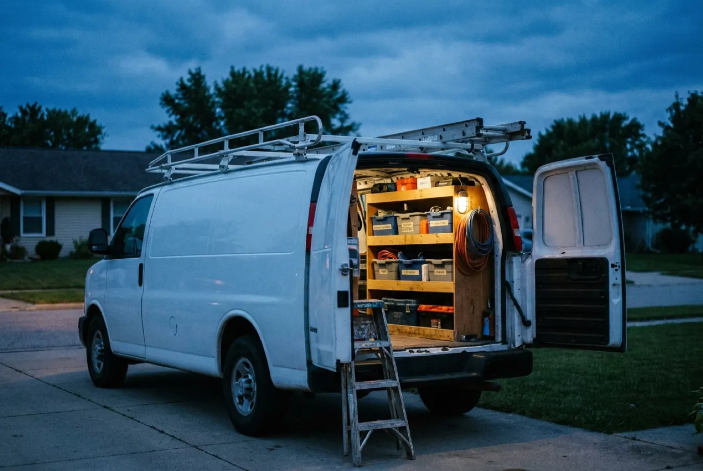 A stocked service van in a suburban driveway at dusk