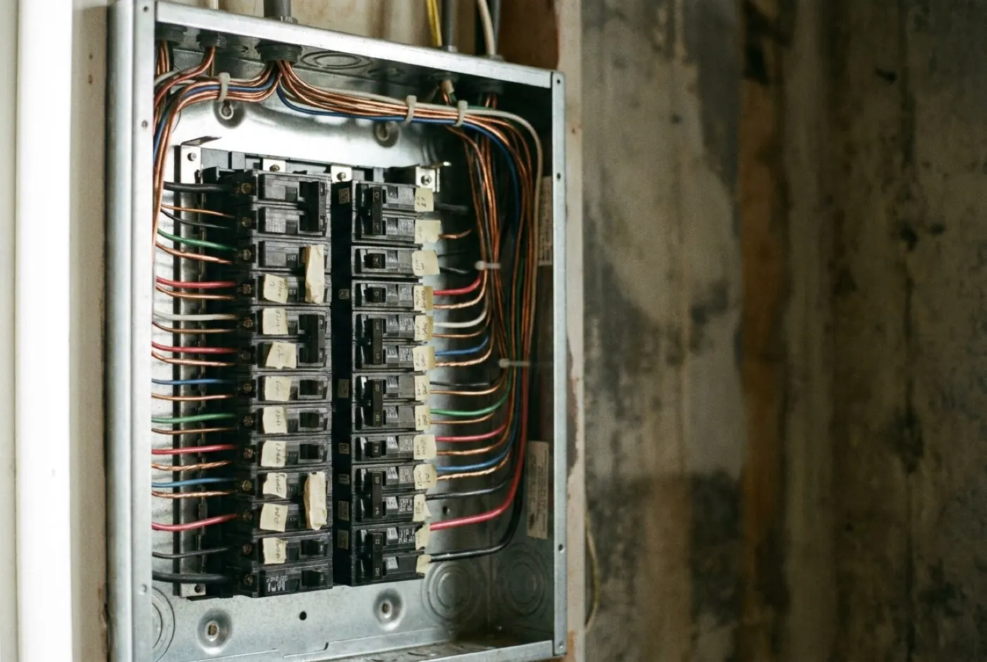 A newly installed breaker panel with neatly combed wire runs