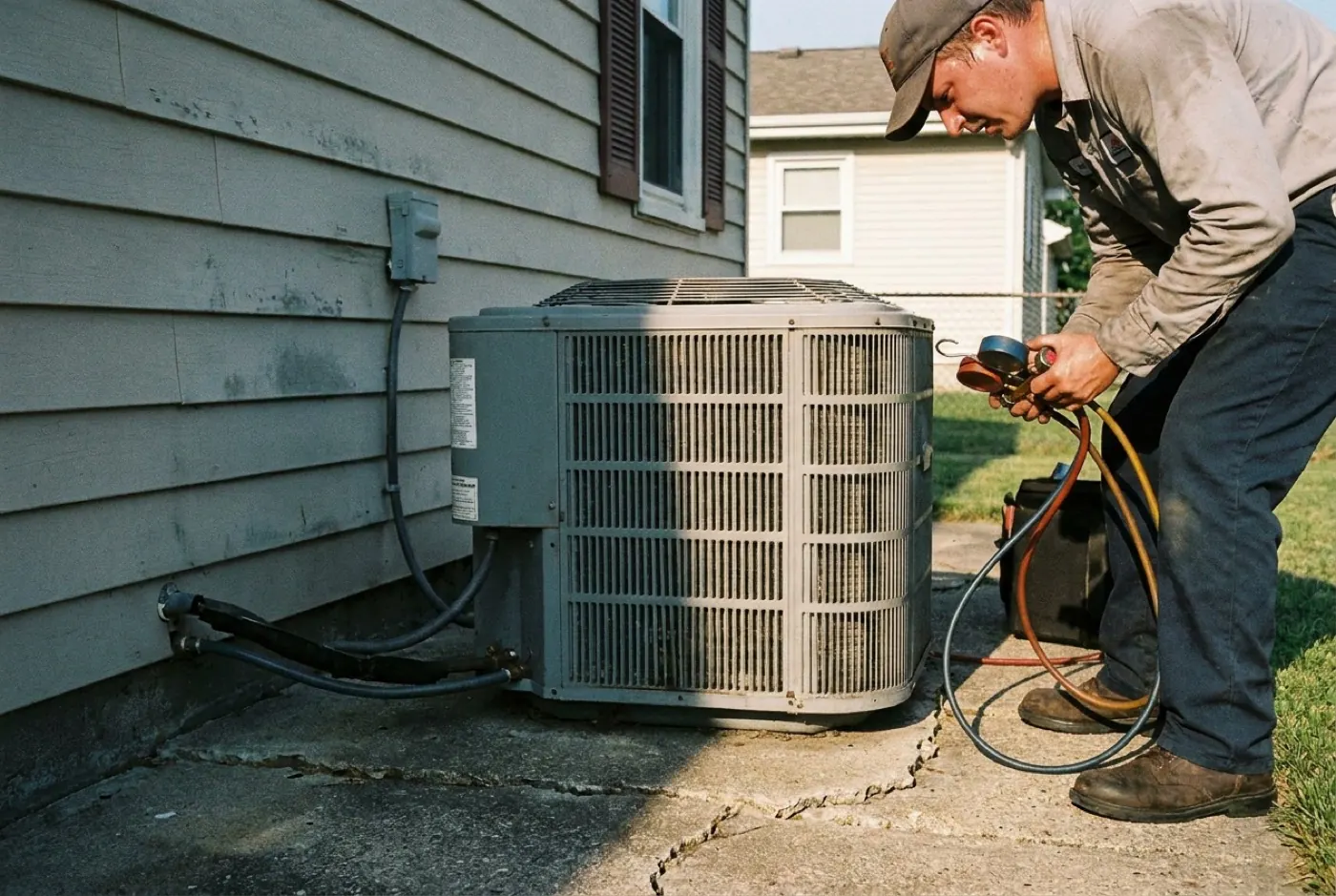 A technician checking pressures on a home air conditioning condenser